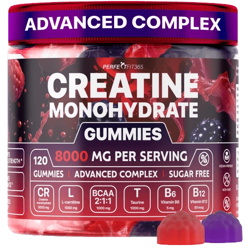 Creatine Monohydrate Gummies 8000mg by PERFECTFIT365, raspberry and blackberry flavor, 120 sugar-free chewable gummies, advanced complex.