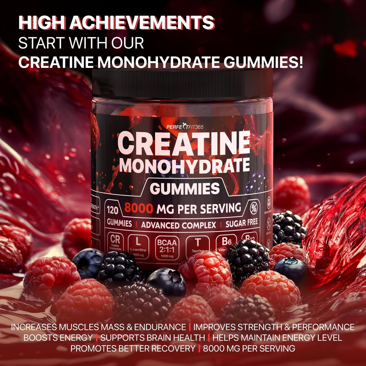 Creatine Monohydrate Gummies Complex 8000mg with raspberry and blackberry flavors for muscle strength and energy support.