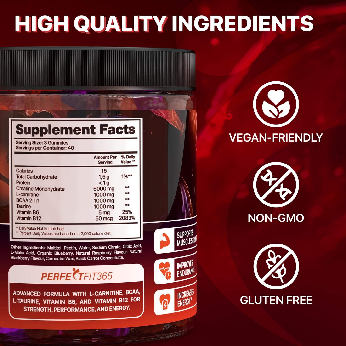 Creatine Monohydrate Gummies jar showing supplement facts, vegan-friendly, non-GMO, gluten-free labels, 120 gummies.