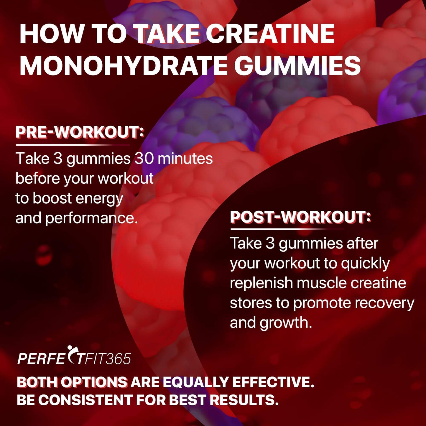 Instructions for taking Creatine Monohydrate Gummies: pre and post-workout guidance for optimal performance and recovery.